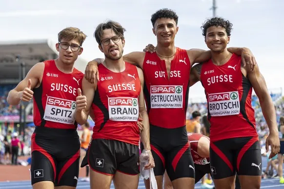 From left, Lionel Spitz, Dany Brand, Ricky Petrucciani, Haydn Brotschi, of Switzerland react during the men's 4x400 meters relay qualification at the European Athletics Championships, in the Alex ...